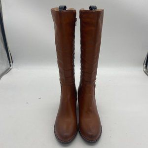 brown leather round toe over the knee boots low heels chunky boots
